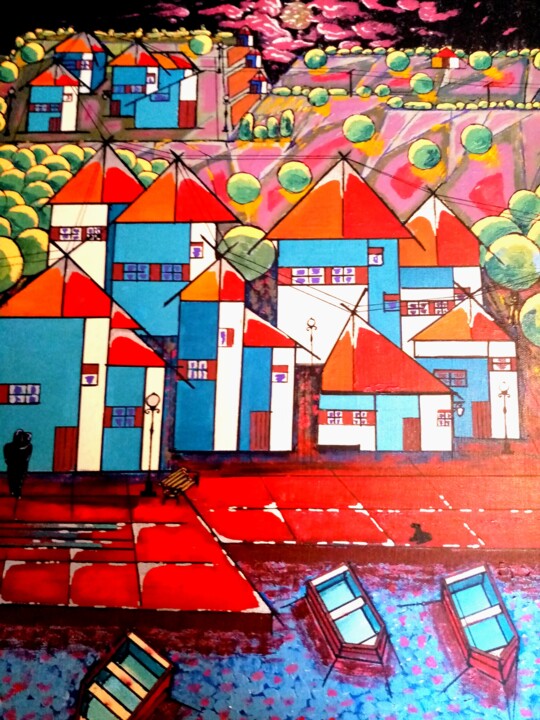 Pintura titulada "Paysage au maisons…" por Bertrand Jost, Obra de arte original, Acrílico Montado en Bastidor de camilla de…