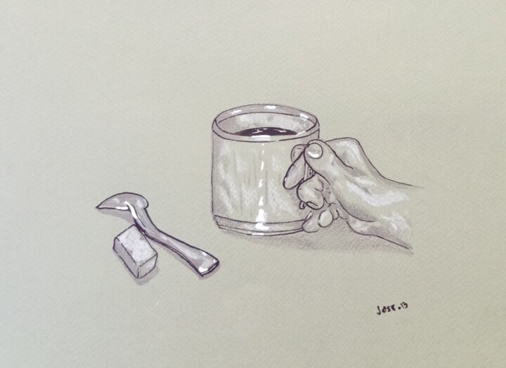 Drawing titled "Une tasse de café ." by Bertrand Jost, Original Artwork, Pencil
