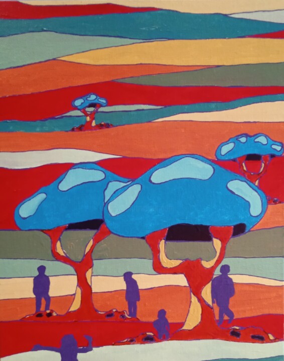 Malerei mit dem Titel "Arbres bleus et sil…" von Bertrand Jost, Original-Kunstwerk, Acryl Auf Karton montiert