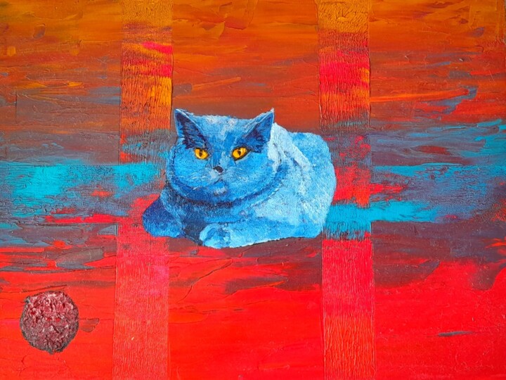 Peinture intitulée "Le chat gris bleu ." par Bertrand Jost, Œuvre d'art originale, Huile