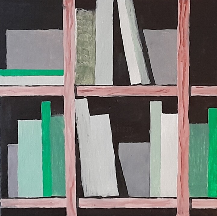 Painting titled "Bibliothèque 5 ." by Bertrand Jost, Original Artwork, Oil Mounted on Wood Stretcher frame