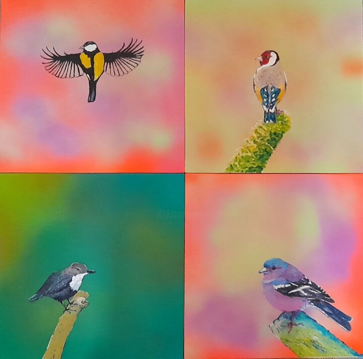Peinture intitulée "Polyptyque d'oiseau…" par Bertrand Jost, Œuvre d'art originale, Huile