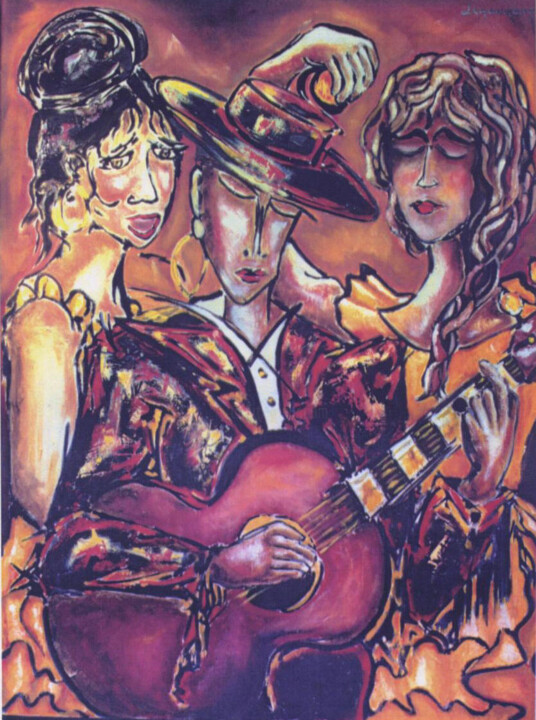 Peinture intitulée "Le flamenco" par Bertrand Lamouroux, Œuvre d'art originale, Huile