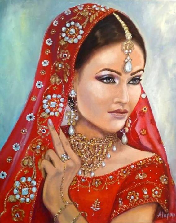 Painting titled ""Indian beauty"" by Alepou, Original Artwork, Oil