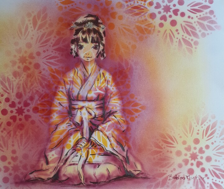 Malerei mit dem Titel "Niña Oriental" von Betina Marker, Original-Kunstwerk, Airbrush Auf Karton montiert