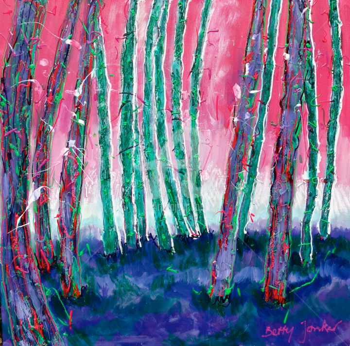 Painting titled "purple green trees" by Betty Jonker, Original Artwork, Acrylic