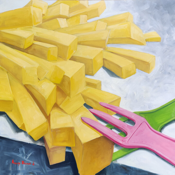 Painting titled "FRITES" by Beuque, Original Artwork, Oil Mounted on Wood Stretcher frame