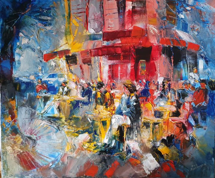 Painting titled "Le café" by Eric Bevilacqua, Original Artwork, Oil