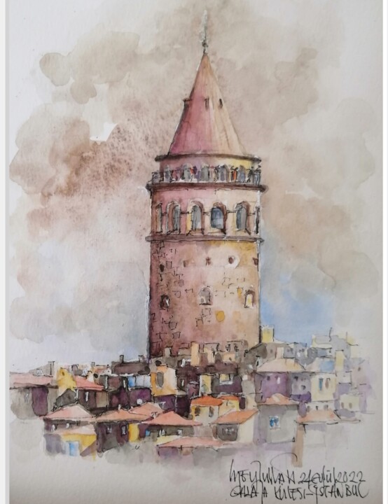 Malerei mit dem Titel "İstanbul Galata kul…" von Beytullah Şavkin, Original-Kunstwerk, Aquarell