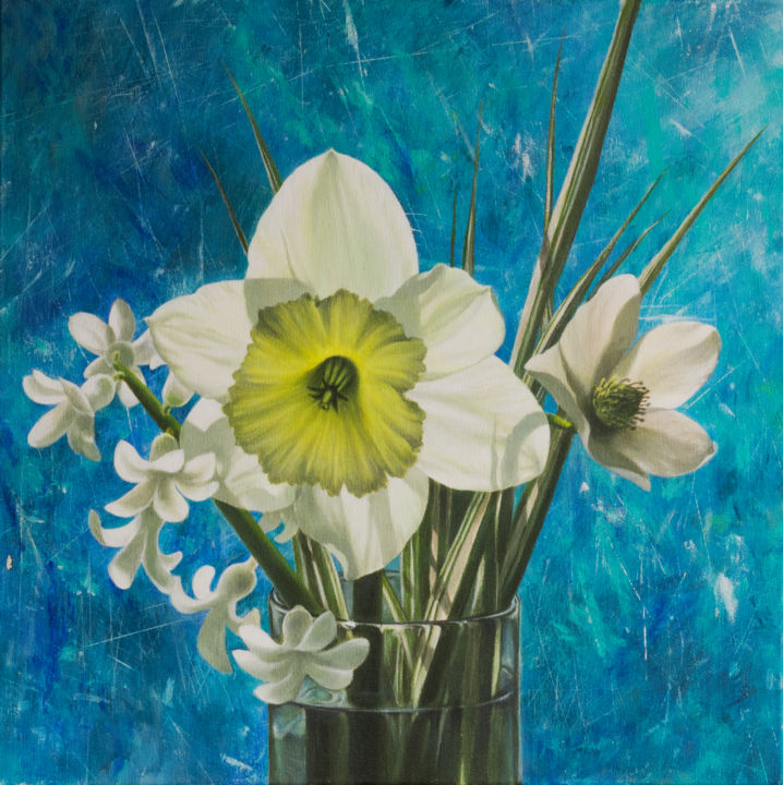Painting titled "White flowers" by Natalia Bezpalchenko, Original Artwork, Acrylic Mounted on Wood Stretcher frame