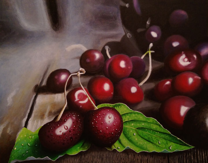 Painting titled "Cherries on a Table…" by Barry Gray, Original Artwork, Acrylic