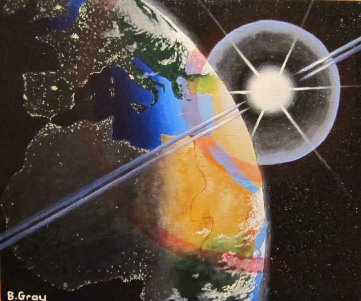 Schilderij getiteld "Earthrise - Lever d…" door Barry Gray, Origineel Kunstwerk, Acryl