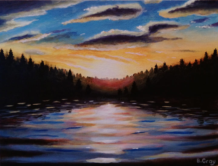 Schilderij getiteld "Sunset over Seaghan…" door Barry Gray, Origineel Kunstwerk, Acryl