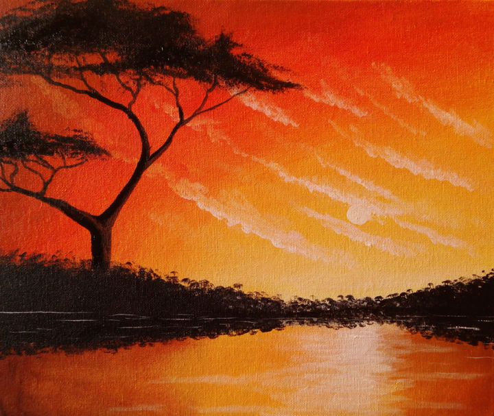 Schilderij getiteld "Sunset over the Lak…" door Barry Gray, Origineel Kunstwerk, Acryl