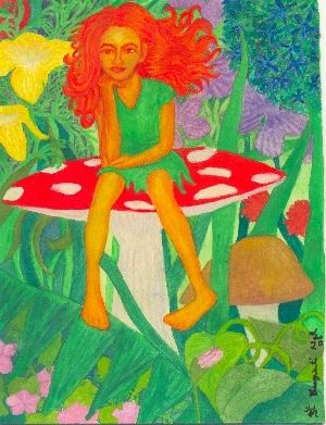 Painting titled "Magic Mushroom Fairy" by Bhagvati Nath, Original Artwork, Oil