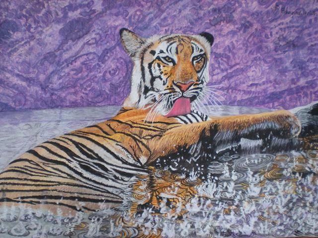 Painting titled "Tiger Splash" by Bhagvati Nath, Original Artwork, Other