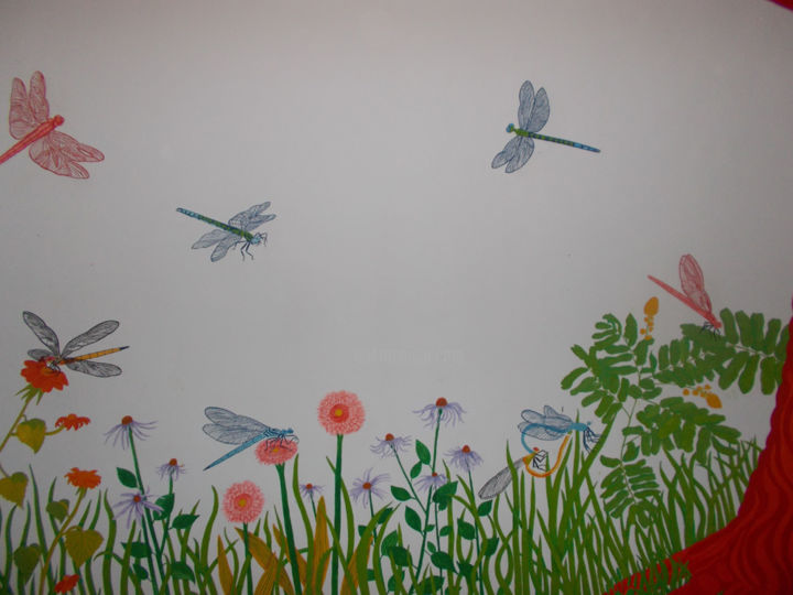 Painting titled "Dragonfly Mural" by Bhagvati Nath, Original Artwork, Oil