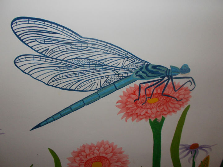 Painting titled "Blue Dragonfly on a…" by Bhagvati Nath, Original Artwork, Oil