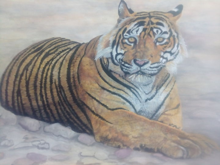 Painting titled "Tiger Relaxing" by Bhagvati Nath, Original Artwork, Watercolor