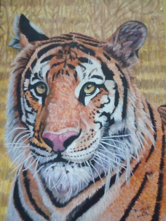 Ζωγραφική με τίτλο "Tiger Stare" από Bhagvati Nath, Αυθεντικά έργα τέχνης, Ακουαρέλα