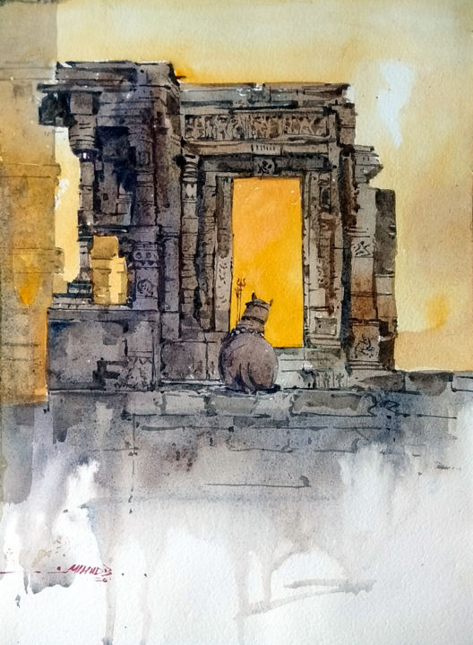 Painting titled "Temple Series India" by Milind Bhanji, Original Artwork, Watercolor