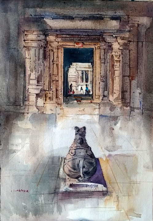 Painting titled "Indian Temple" by Milind Bhanji, Original Artwork, Watercolor