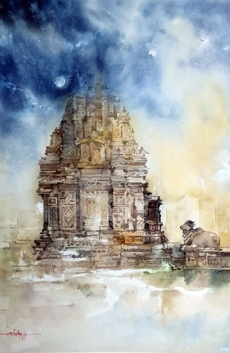 Peinture intitulée "Mukteshwar Temple" par Milind Bhanji, Œuvre d'art originale, Aquarelle