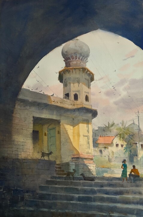 Painting titled "Through the arch" by Bhargavkumar Kulkarni, Original Artwork, Watercolor