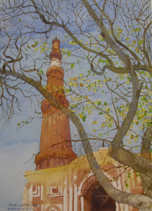 Ζωγραφική με τίτλο "Kutub minar 2" από Bhargavkumar Kulkarni, Αυθεντικά έργα τέχνης, Ακουαρέλα