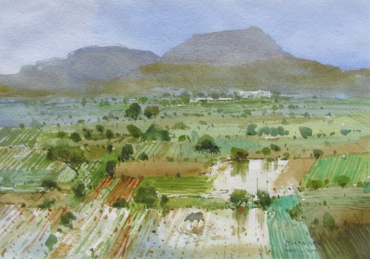 Schilderij getiteld "Countryside horizon" door Bhargavkumar Kulkarni, Origineel Kunstwerk, Aquarel