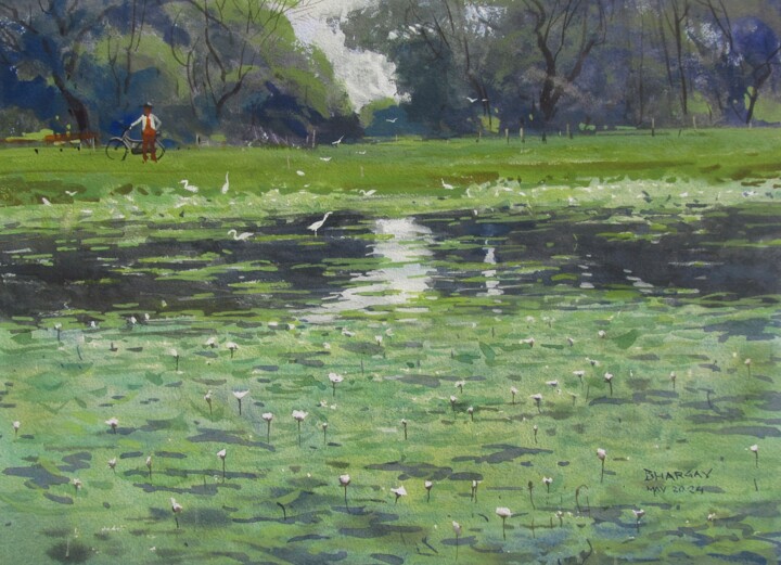 Pintura titulada "Water lilies in lake" por Bhargavkumar Kulkarni, Obra de arte original, Acuarela