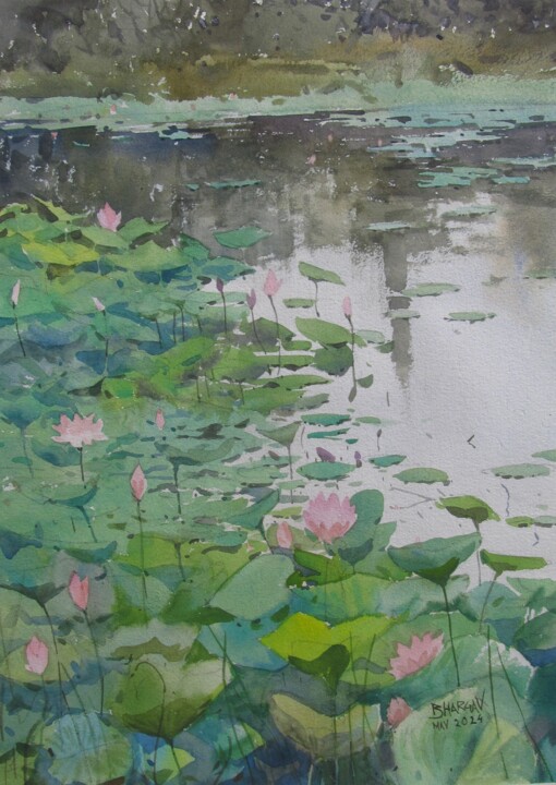 Schilderij getiteld "Lotus pond" door Bhargavkumar Kulkarni, Origineel Kunstwerk, Aquarel
