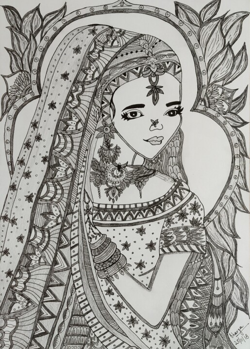 Рисунок под названием "Indian Bride" - Bhavya Bathla, Подлинное произведение искусства, Графит