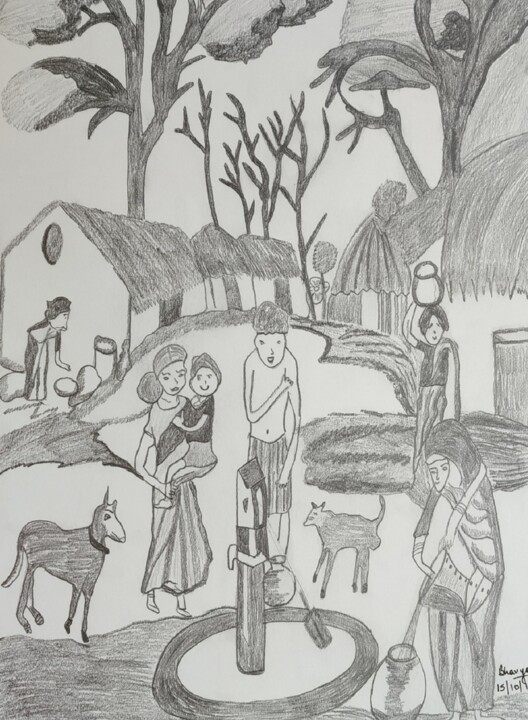 Zeichnungen mit dem Titel "Indian Hamlet" von Bhavya Bathla, Original-Kunstwerk, Graphit