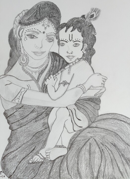 Drawing titled "Kanhaiya with Maiya" by Bhavya Bathla, Original Artwork, Graphite