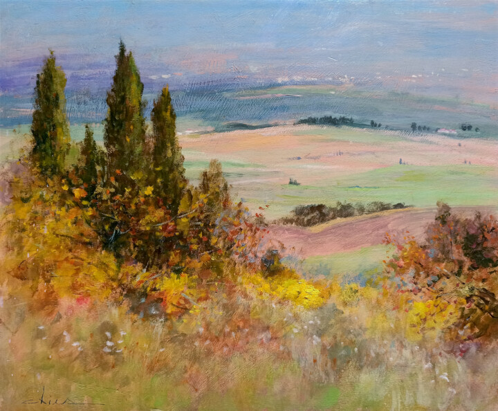 Painting titled "Autumn landscape -…" by Biagio Chiesi, Original Artwork, Oil Mounted on Wood Panel