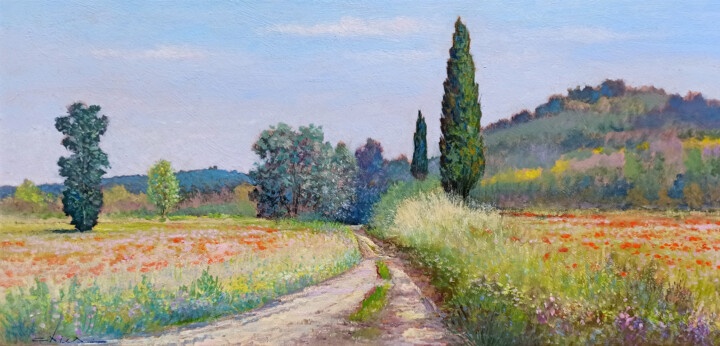 Pittura intitolato "Little country road…" da Biagio Chiesi, Opera d'arte originale, Olio Montato su Pannello di legno