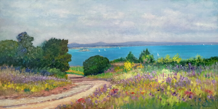 Painting titled "Elba Island panoram…" by Biagio Chiesi, Original Artwork, Oil Mounted on Wood Panel