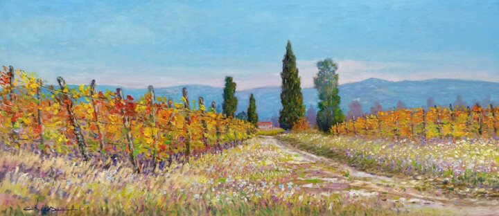 Painting titled "Countryside with vi…" by Biagio Chiesi, Original Artwork, Oil Mounted on Wood Stretcher frame