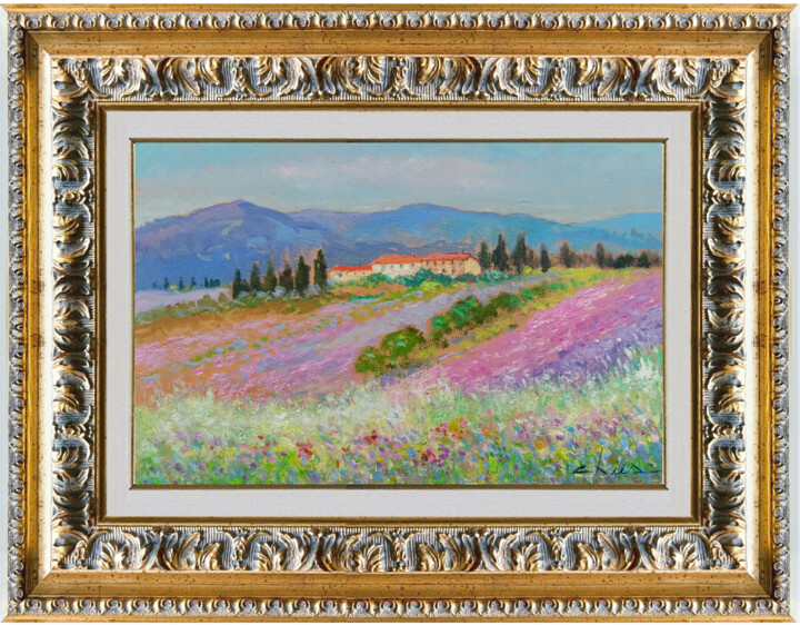 Malarstwo zatytułowany „Bloomed hills - Tus…” autorstwa Biagio Chiesi, Oryginalna praca, Olej Zamontowany na Panel drewniany