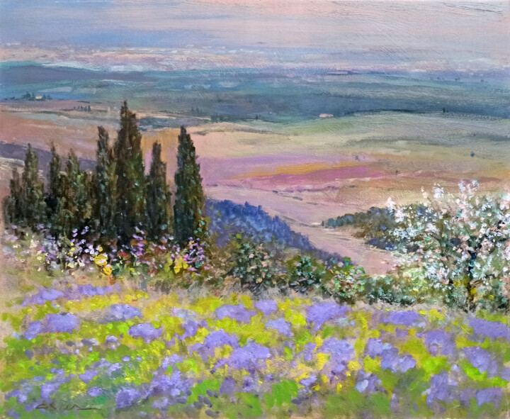 Pittura intitolato "Spring colors lands…" da Biagio Chiesi, Opera d'arte originale, Olio Montato su Pannello di legno