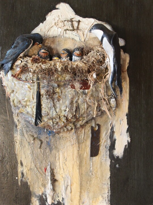 Pintura titulada "Une famille d'hiron…" por Robert Blanchette, Obra de arte original, Oleo