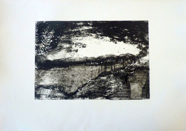 Printmaking titled "Paysage noir" by Brigitte Bibard-Guillon, Original Artwork, Collagraphy