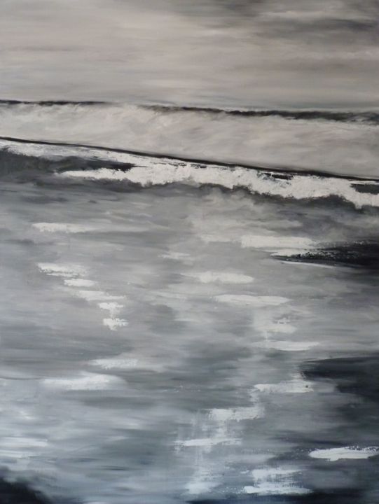 Painting titled "La mer toujours rec…" by Brigitte Bibard-Guillon, Original Artwork, Oil Mounted on Wood Stretcher frame