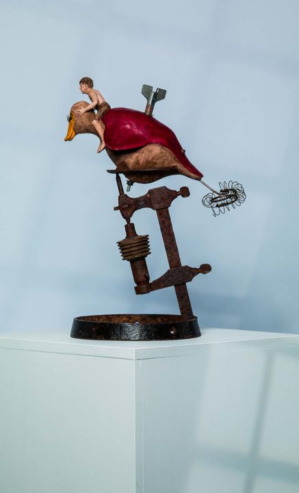 Sculpture intitulée "canard ressort" par Bibi Blanchet, Œuvre d'art originale, Terre cuite