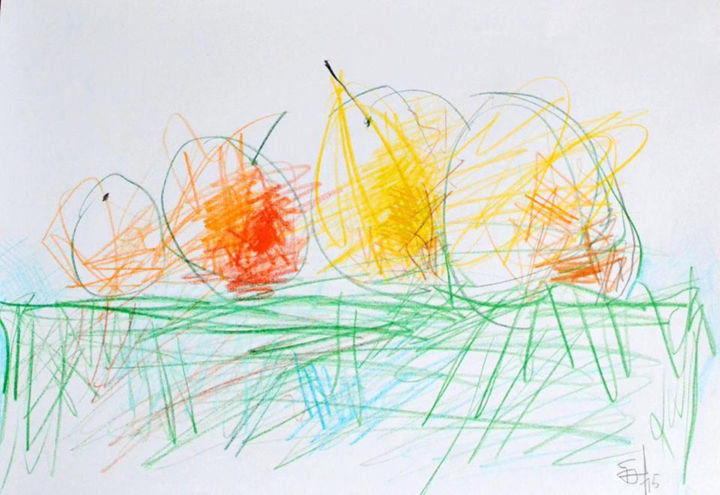 Рисунок под названием "Яблоки." - Bidzina Kavtaradze, Подлинное произведение искусства, Цветные карандаши