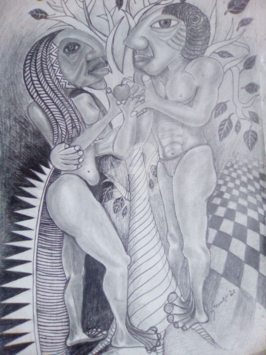 Dessin intitulée "Adao e Eva" par Salato Licenço, Œuvre d'art originale, Crayon