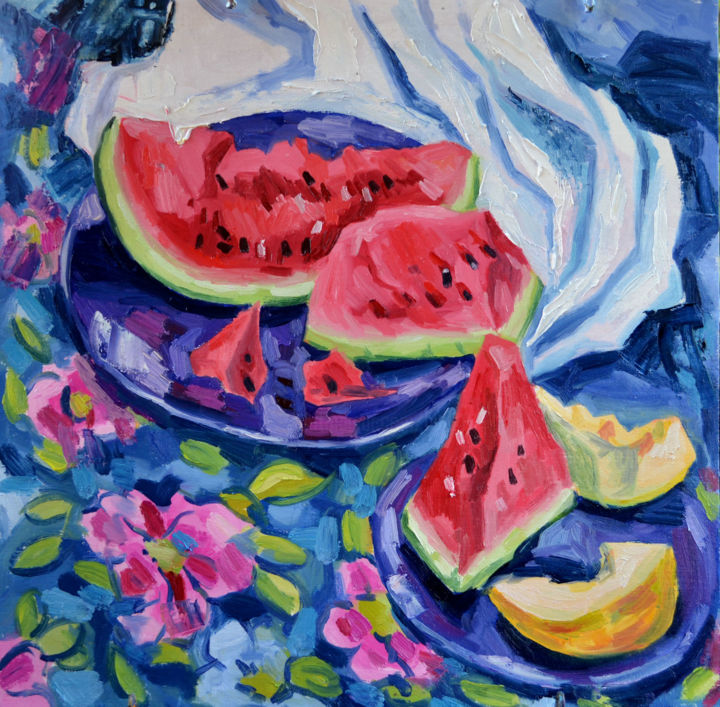 Painting titled "watermelon" by Nataliya Novozhilova, Original Artwork, Oil Mounted on Cardboard