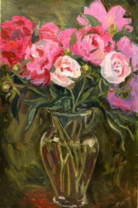 Painting titled "peonies" by Nataliya Novozhilova, Original Artwork, Oil Mounted on Wood Stretcher frame