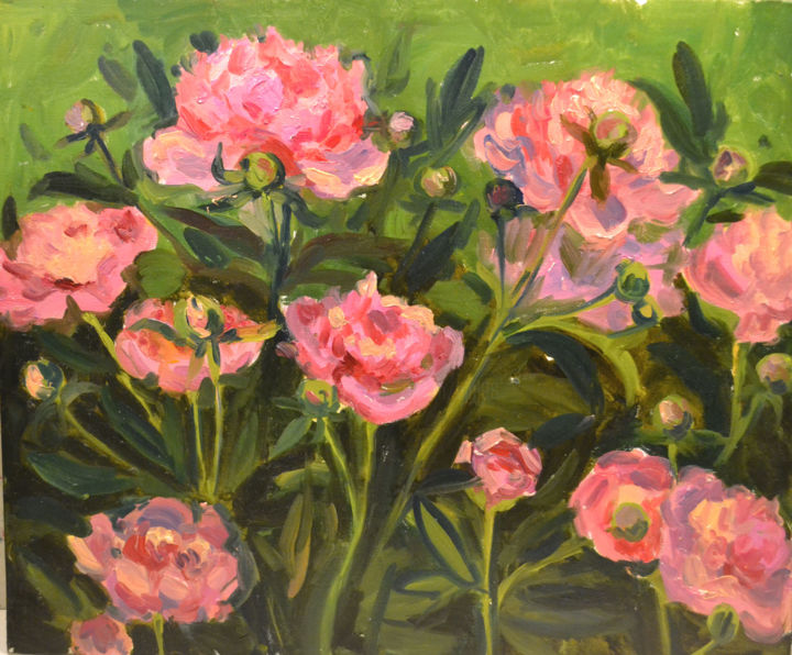 Painting titled "pink peonies" by Nataliya Novozhilova, Original Artwork, Oil Mounted on Cardboard